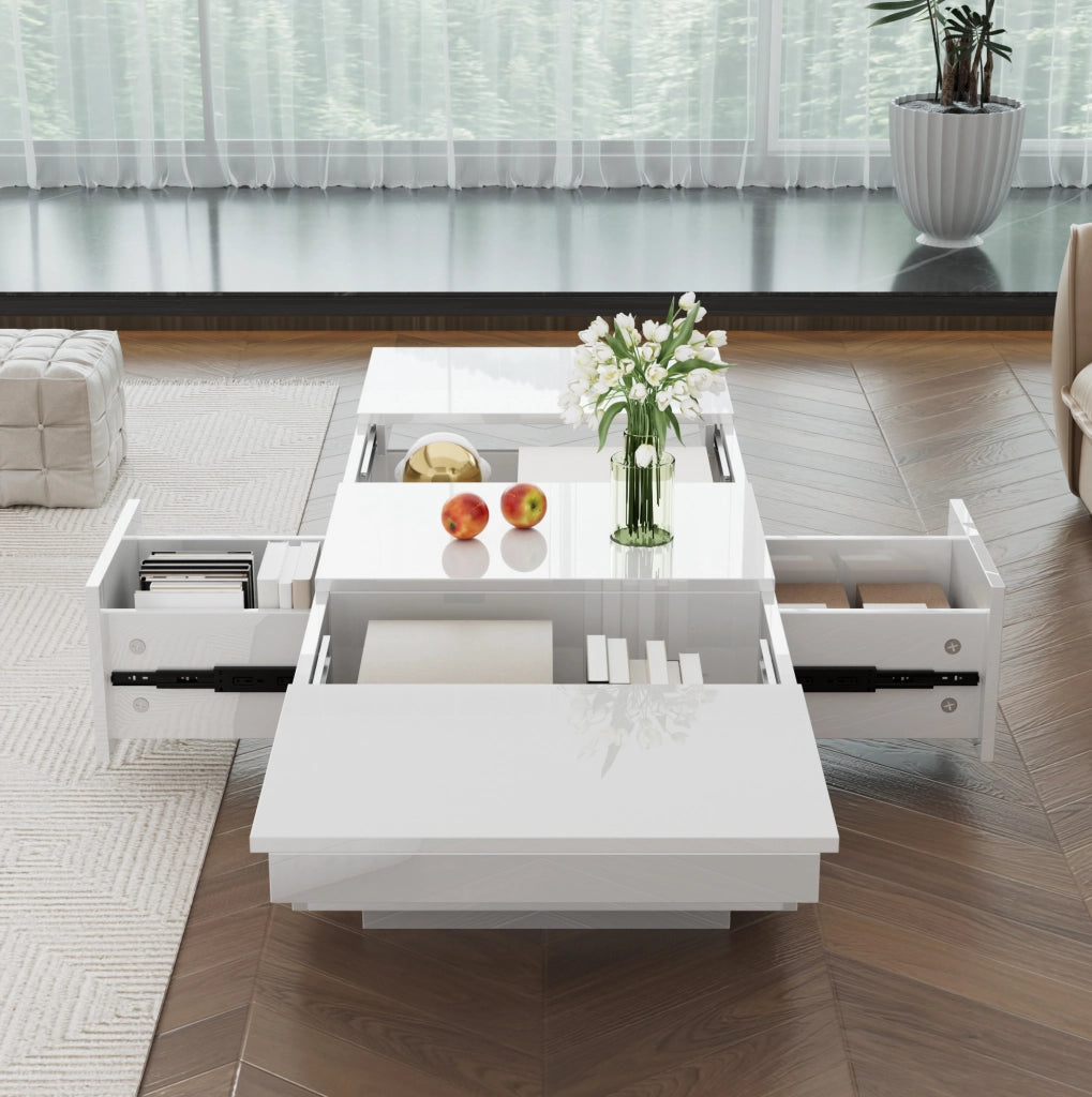Tavolino da salotto con cassetti e vani contenitore 100x50x31 cm in truciolare bianco lucido