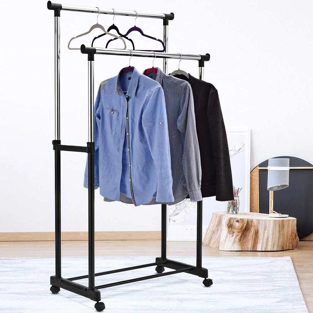 Stand Appendiabiti Doppio con Ruote Regolabile in Altezza Stender 80x40 fino 160cm