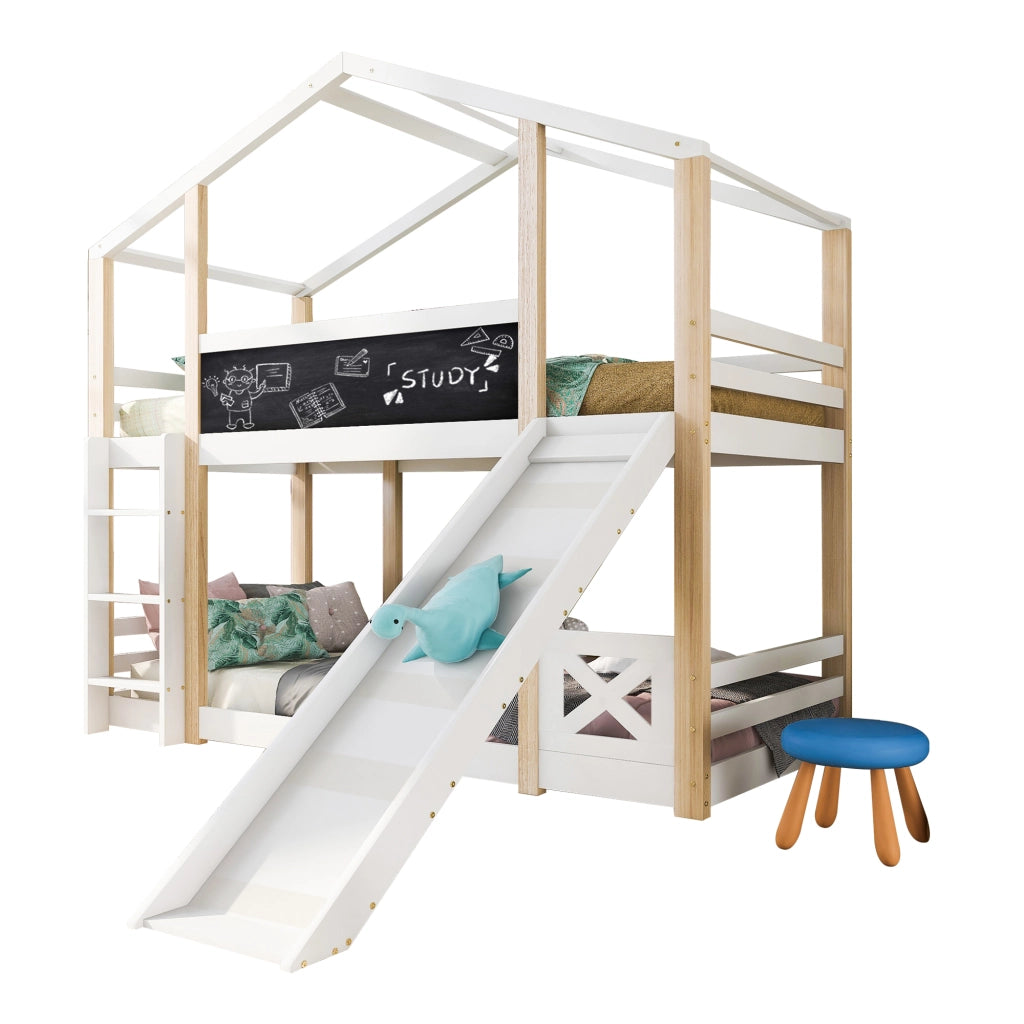 OKWISH Letto a Casetta 90×200 cm, Letto Singolo con Scivolo, Scala e Lavagna, senza Materasso, in Legno Massello, Bianco