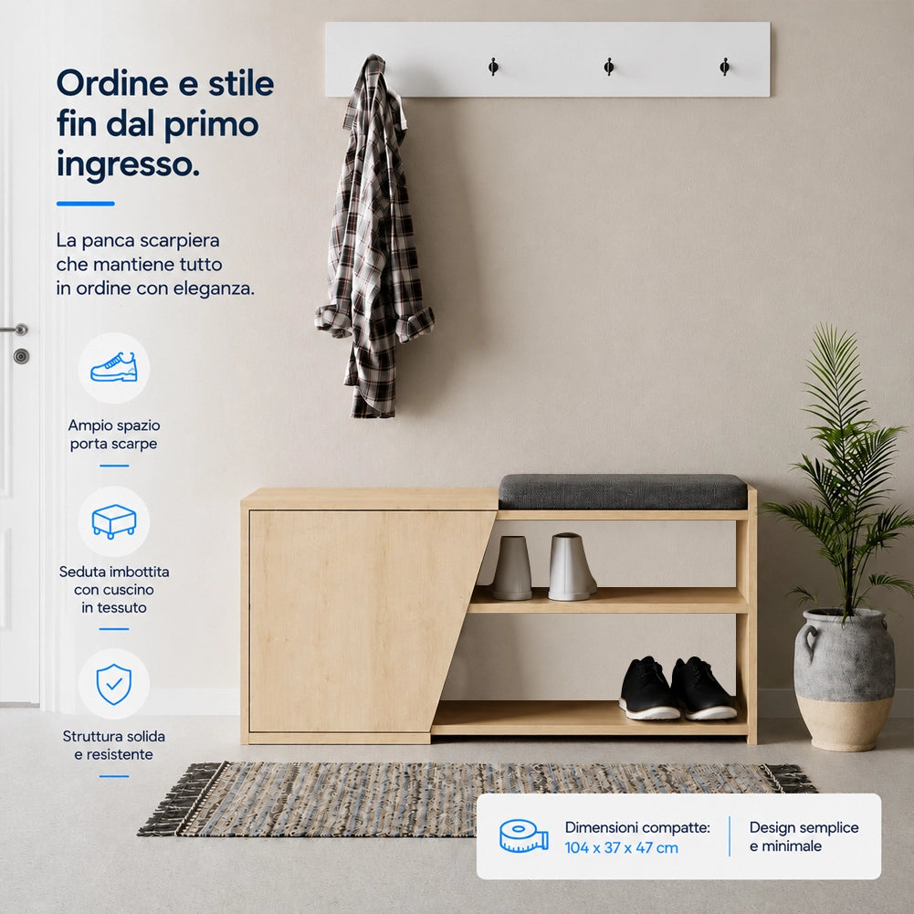 Panca Scarpiera Ingresso Casa 2 Ripiani Porta Scarpe con Anta e Cuscino Quercia