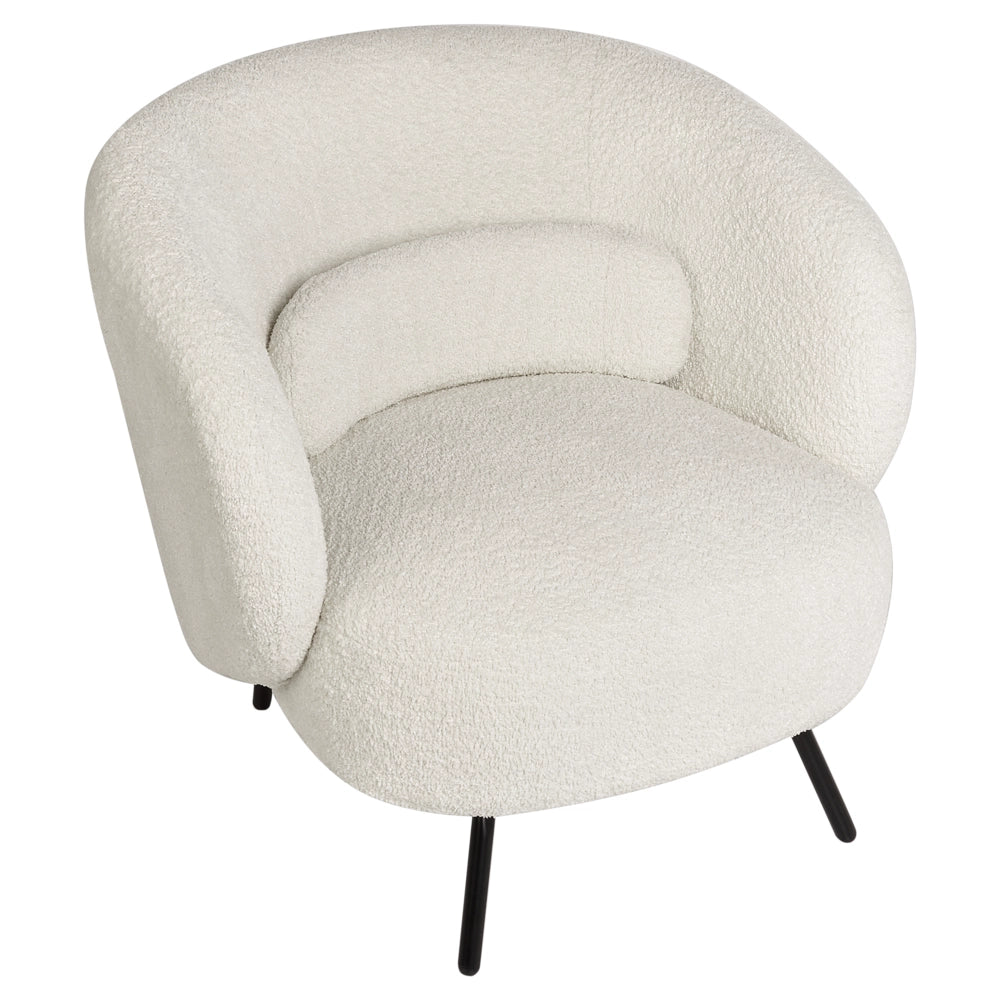 Poltrona Tessuto Boucle Bianco Morbido Nubby Gambe Nere Schienale Curvo Stile Retro Glam Art Decor