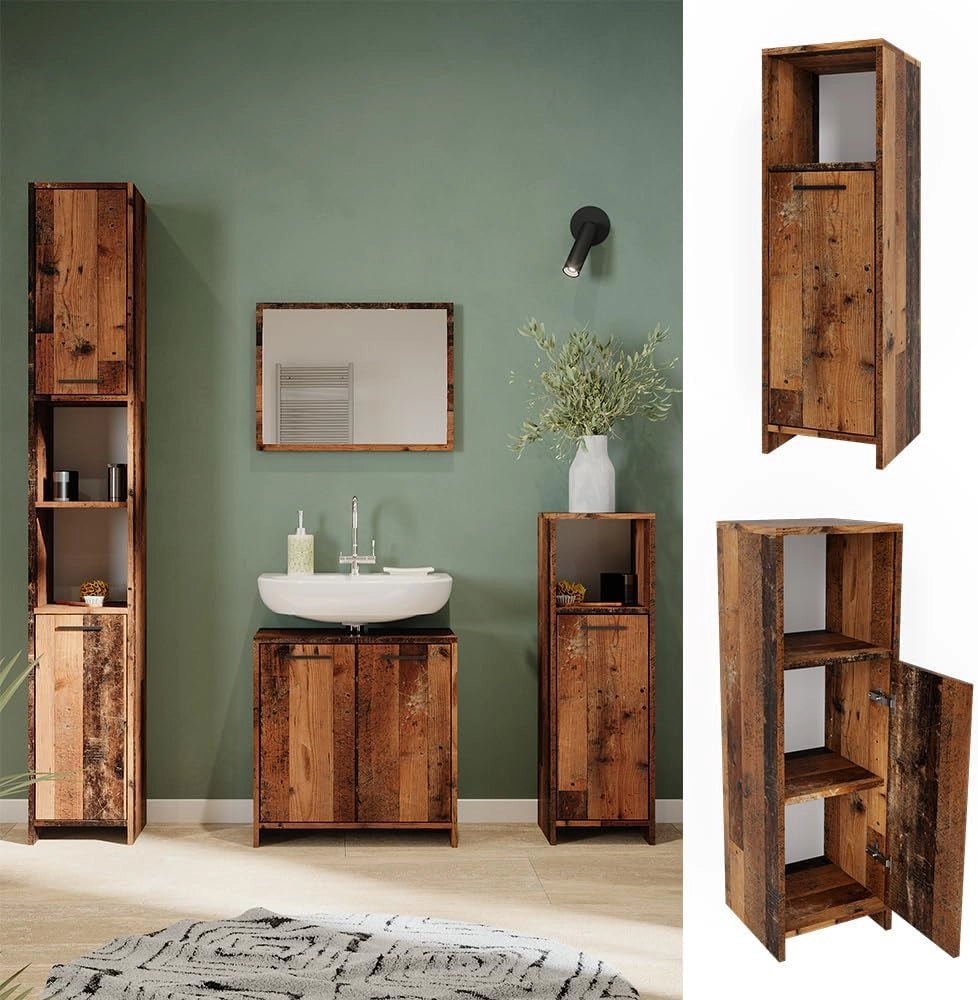 Mobiletto bagno Kiko, Rovere rustico, 30 x 95 cm, combinabile con la serie Kiko per la conservazione in bagno