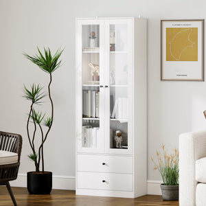 Credenza Cucina 59x30x164 cm Ante in Vetro e 2 Cassetti Bianco