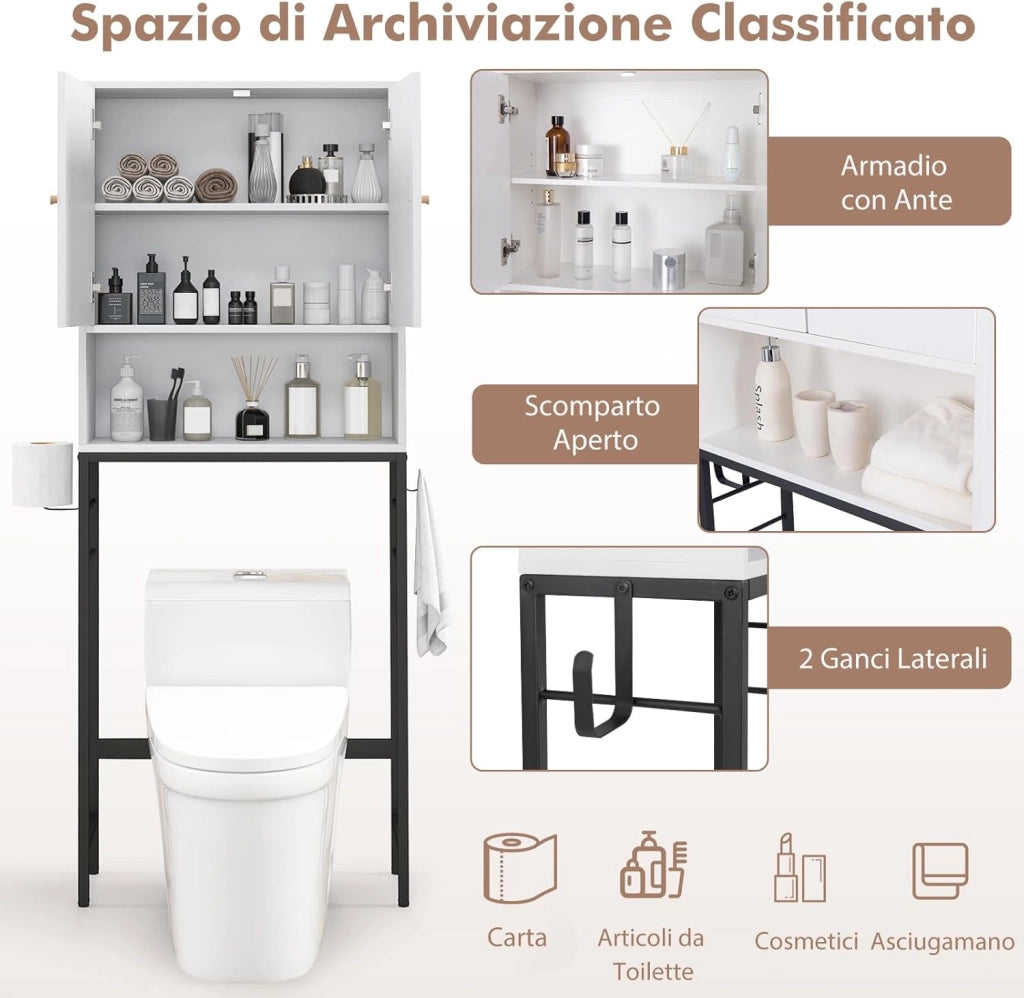 Scaffale Bagno 165,5 cm Sopra WC, Mobile Bagno Salvaspazio con 2 Porte, Ripiano Regolabile, Bara Inferiore Regolabile, 2 Ganci Laterali, Organizzatore sopra Gabinetto per Lavanderia (Bianco)