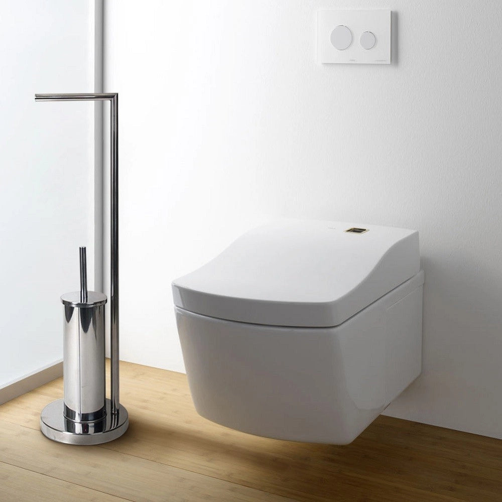 Trade Shop - Portarotolo Con Porta Scopino Bagno In Metallo Cromato Con Spazzolone 19x19x74cm -