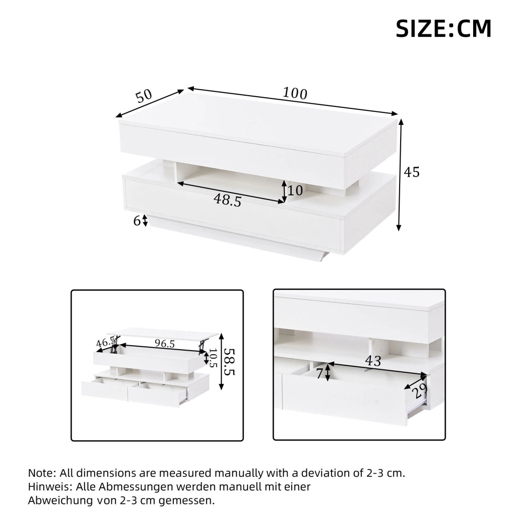 Tavolino basso sollevabile con LED, 2 cassetti e vani contenitore, per soggiorno, in truciolare, bianco 100 × 50 × 45 cm
