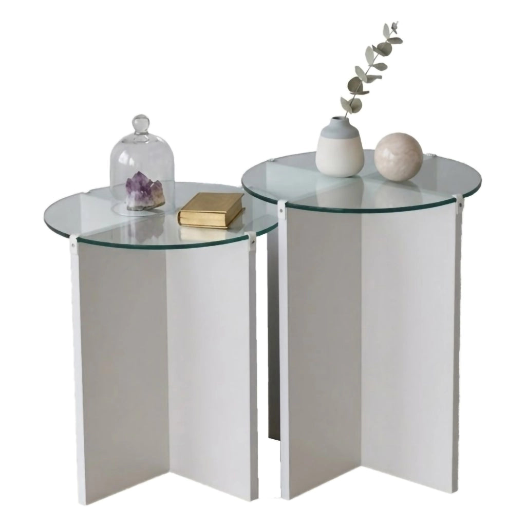 Genga, Tavolino da Salotto set 2 Pezzi Vetro Temperato, 70x70x38h cm Bianco