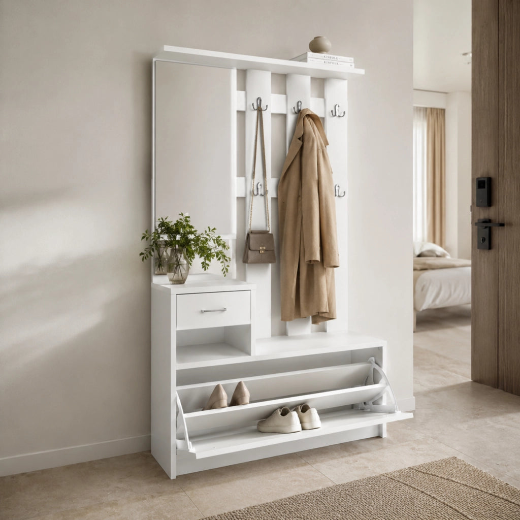 Mobiletto Da Ingresso Con Specchio Appendiabiti E Scarpiera Arredo Per Corridoio Entratina 97 X 35 X 25 Cm Bianco