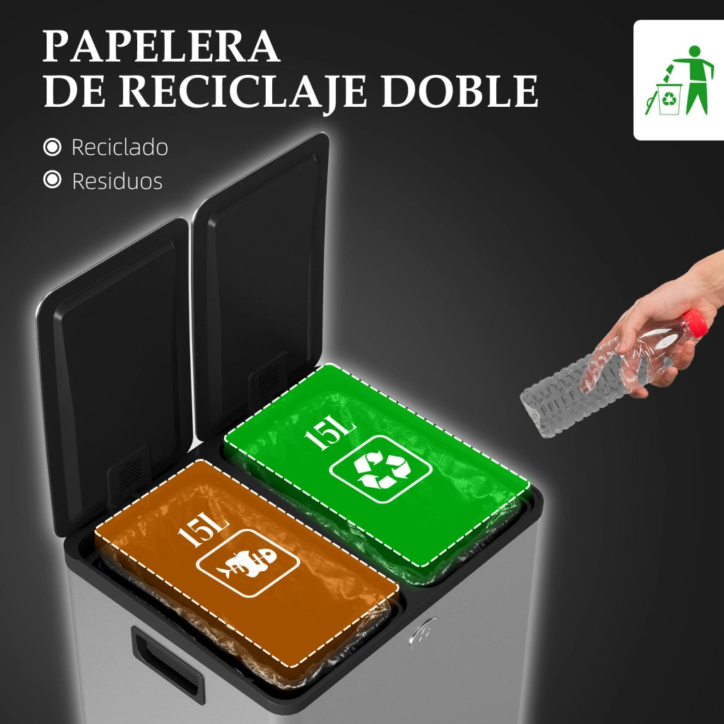 Cestino Acciaio Inox 2x15L Pedale ¨C zephmum ¨C Argento