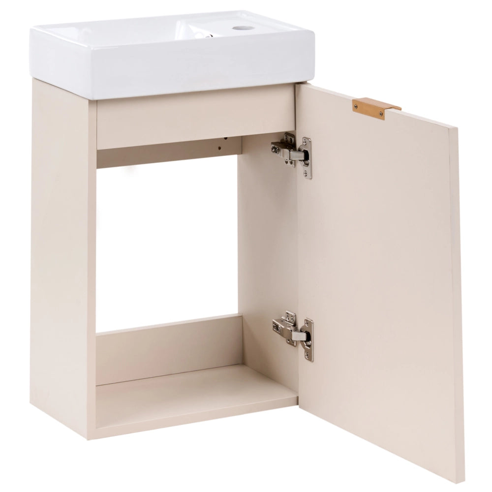 Mobile da bagno da fissare a parete con lavabo, frontale scanalato, colore beige