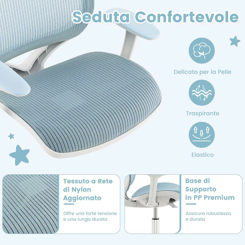 Sedia da Scrivania Girevole per Bambini (Blu, Ruote Ordinarie) | con Altezza Regolabile, 5 Ruote, Braccioli Morbidi, Mobile Ergonomica per Bambini 6-15 Anni