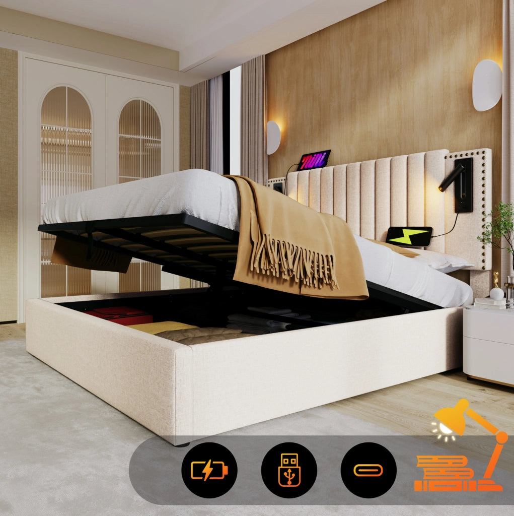 Letto matrimoniale 140x200 beige con contenitore e materasso