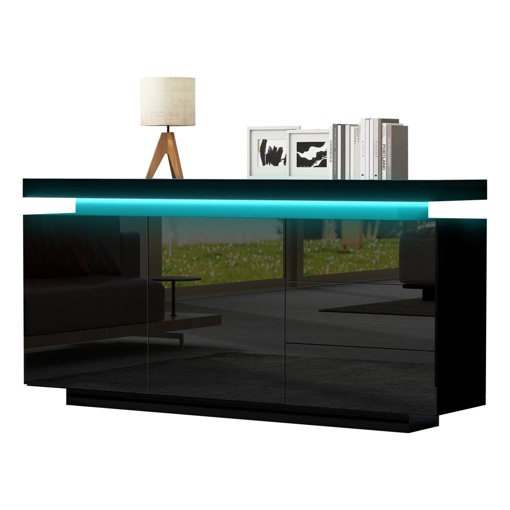 Credenza con 2 ante e 3 cassetti; illuminazione LED - per soggiorno - 140x35x72.5 cm - nera