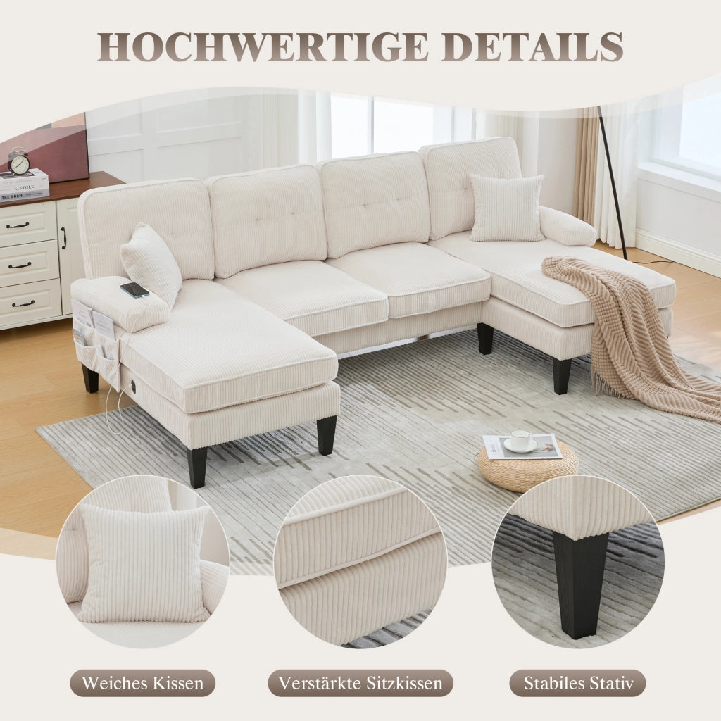 Divano a U 4 posti in corduroy con tasche laterali, schienale ergonomico e seduta imbottita beige 250 × 130 × 88 cm