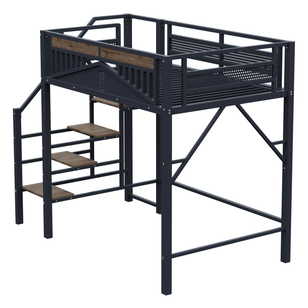Letto a soppalco in metallo 140 x 200 cm con scala laterale, design finestra, nero