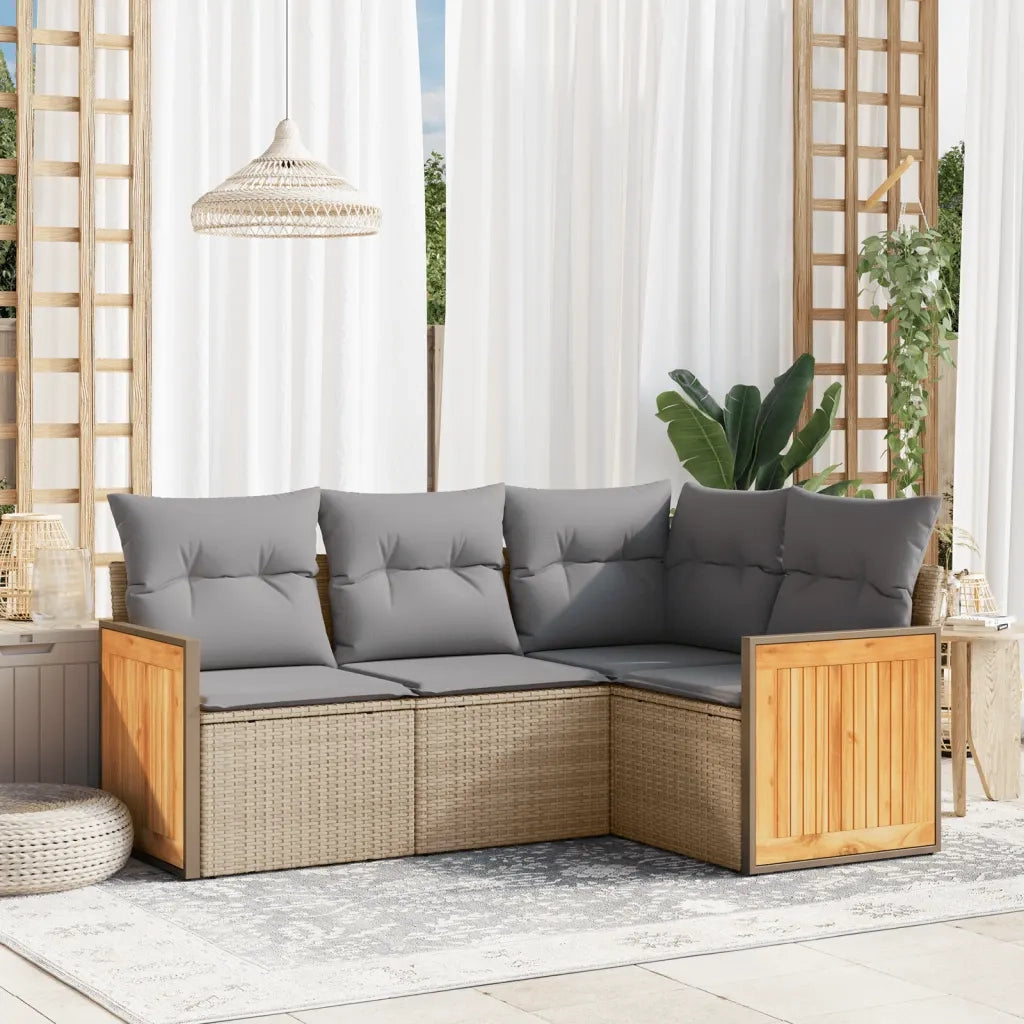 Set Divano da Giardino 4 pz | Set Salotto da Giardino con Cuscini Beige in Polyrattan