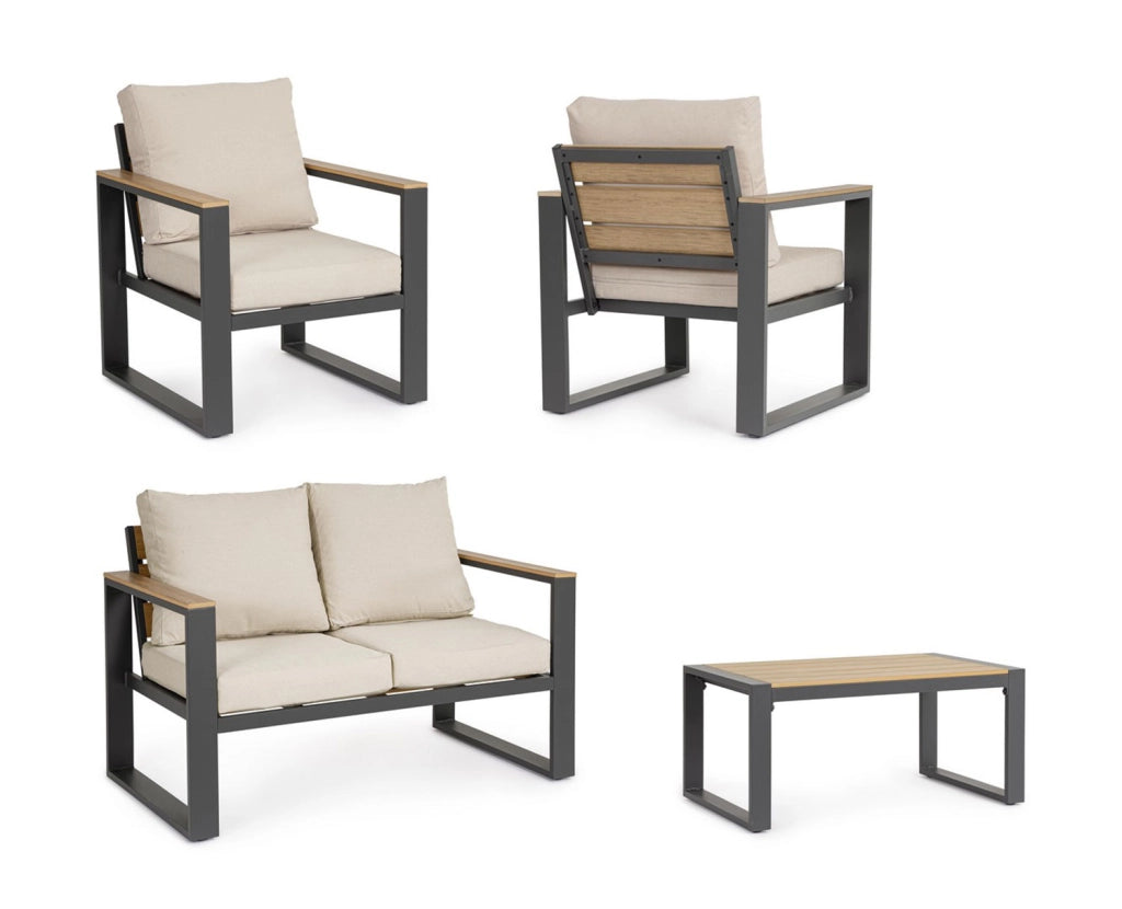 Set 4 Pezzi Salotto da Giardino con Divano 2 Poltrone e Tavolino in Alluminio e Polywood Leandro Antracite e Beige