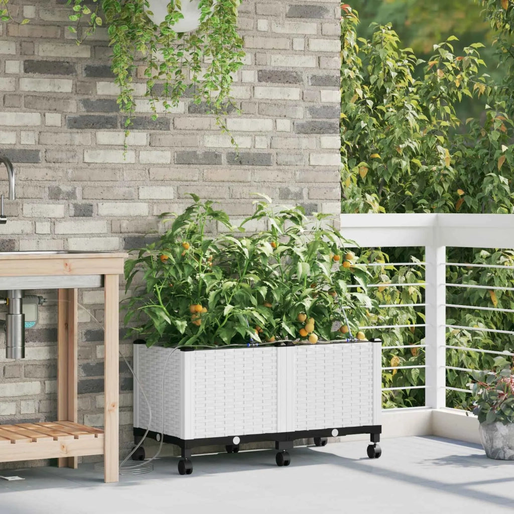 Vaso da Giardino con Irrigazione e Ruote 2 pz Bianco PP 3422998