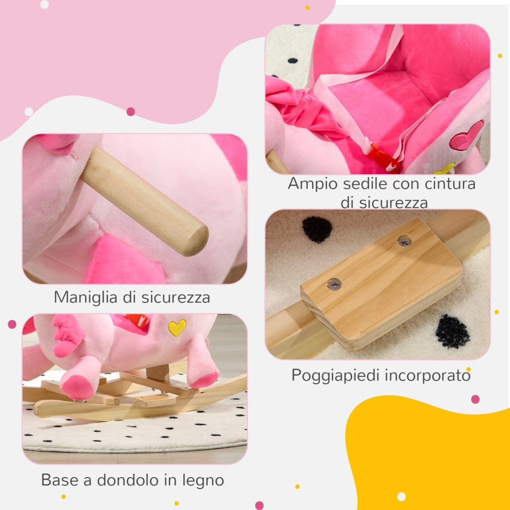 Unicorno a Dondolo Cavalcabile Peluche con 32 Canzoni 65x35x45 cm con Cintura di Sicurezza Rosa