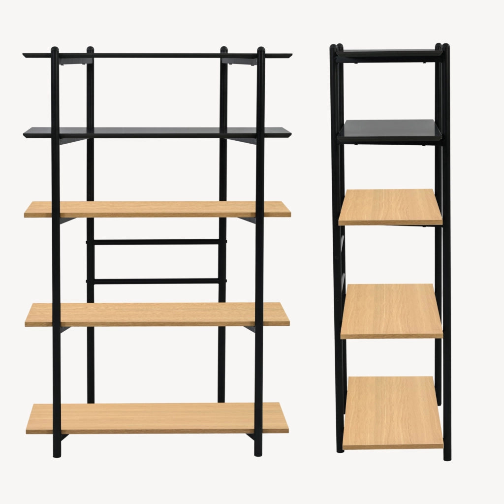 Libreria Kappespoo Scaffale da Terra a 5 Ripiani 124 x 80 x 35 cm - Nero/Effetto Rovere [en.casa]
