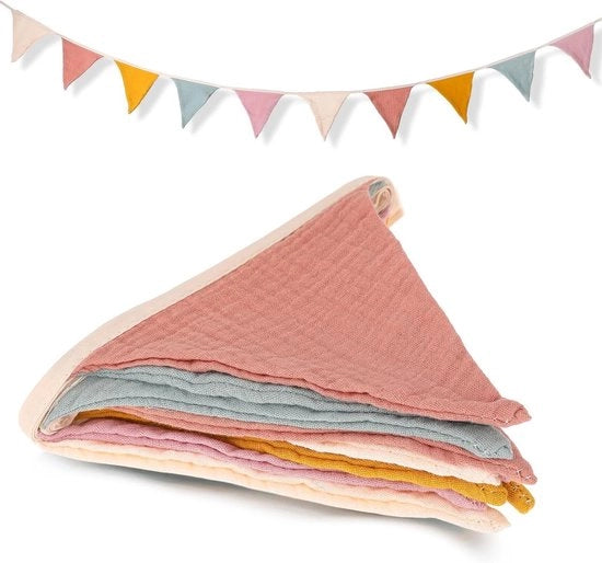 Vlaggetjesslinger per decorazione della camera dei bambini | Lunghezza 286 cm | Mousseline cotone | Decorazione della camera dei bambini | Vlaggetjesslinger per compleanni | Banner colorato | Decorazione per parete di festa | Idee regalo (stile 2)