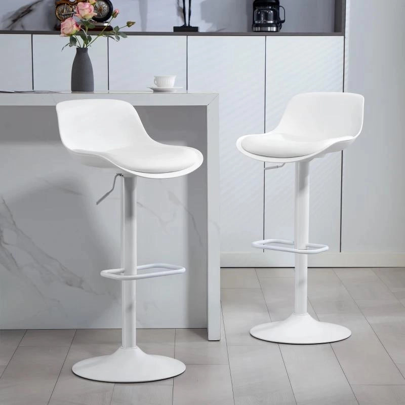 SET 2 SGABELLI DA BAR CON SCHIENALE, ALTEZZA REGOLABILE, SEDUTA GIREVOLE IN PELLE PU E POGGIAPIEDI, BIANCO