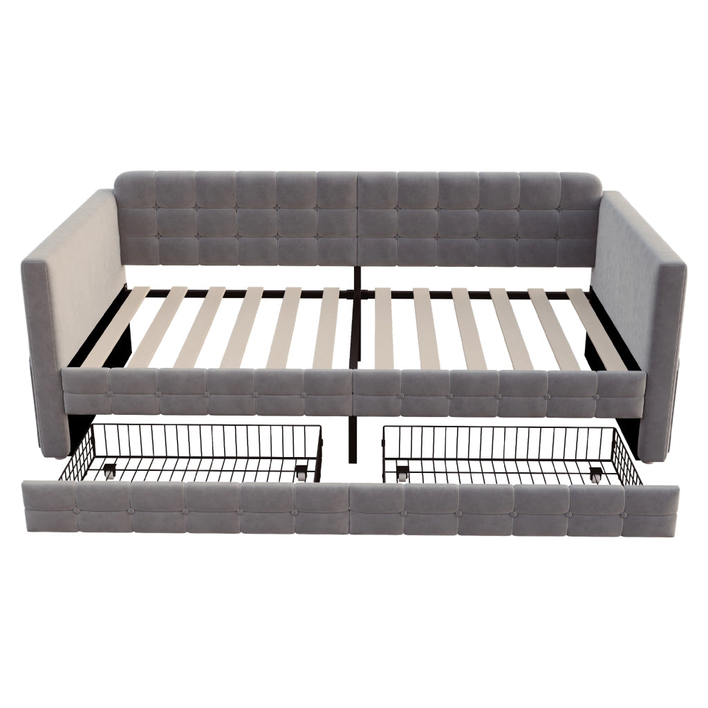 Letto imbottito singolo 90x190 cm in velluto grigio con tasche laterali e due cassetti