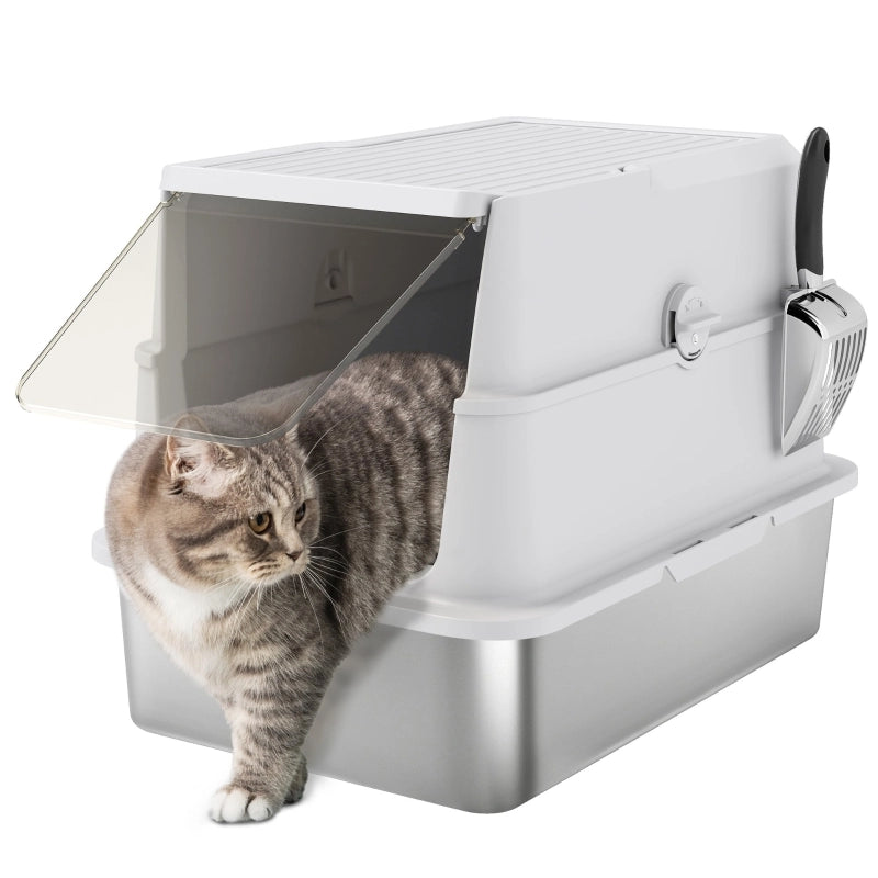 Lettiera per gatti, in acciaio inox, interno XL, con paletta, grigio chiaro