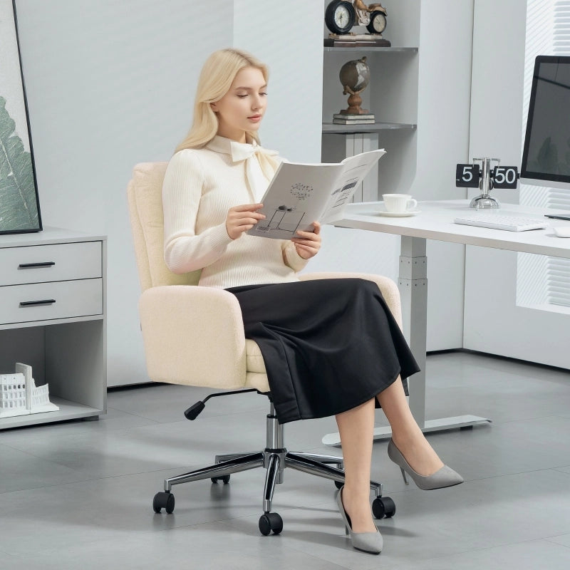 Sedia da ufficio ergonomica girevole con schienale imbottito, funzione oscillante e braccioli in poliestere crema