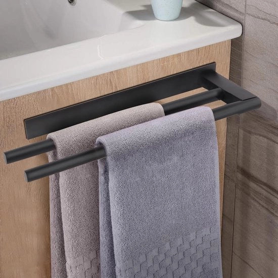 Handdoekhaak per autoadesivo per bagno e cucina - supporto per asciugamani in acciaio inossidabile a doppio braccio (nero) modello 1234 - 60x30 cm - 2 braccia