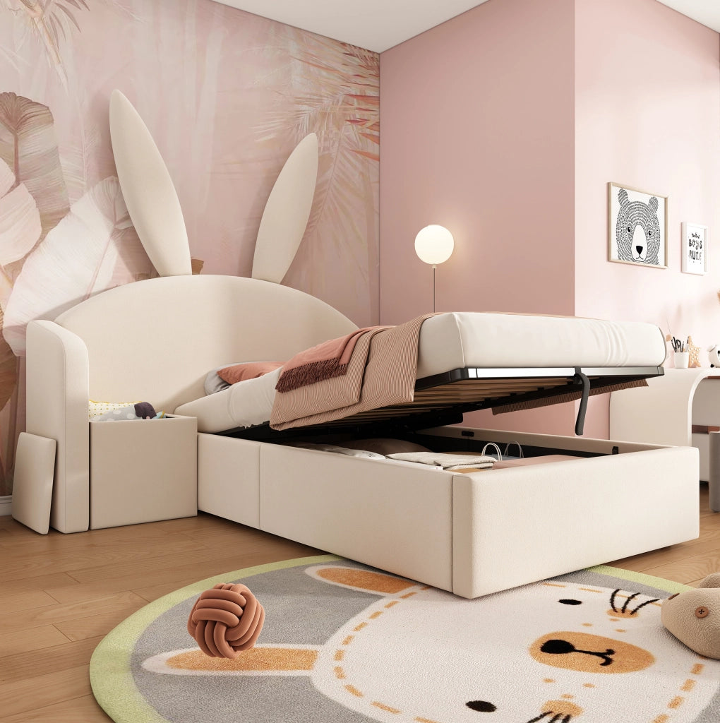 Letto imbottito con contenitore 90x190 cm in velluto beige; testiera con orecchie e comodino