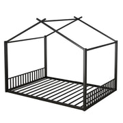 Letto per bambini in ferro nero 140x200 cm con struttura a forma di casa