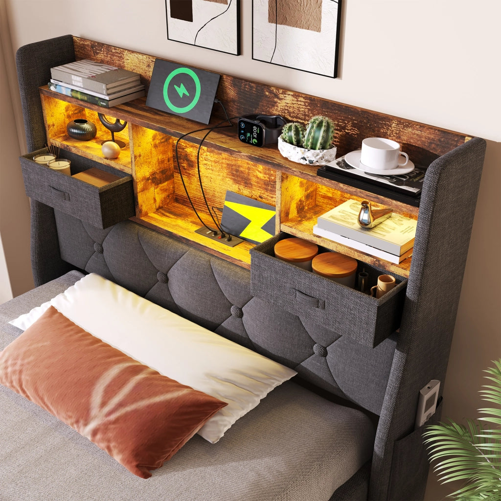 DESMIU Letto contenitore 90 × 200 cm 1 posto con LED, USB, Type-C e vani, materasso incluso, grigio