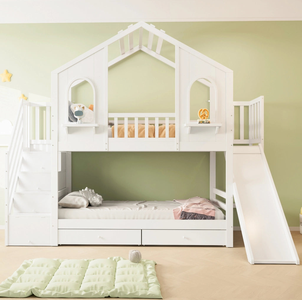 Letto a castello per bambini 90x200 cm con scivolo bianco