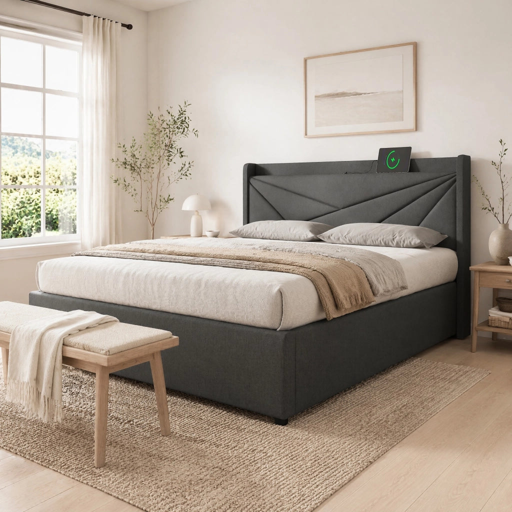 Letto matrimoniale 180x200 grigio con vano contenitore, testiera USB/Type-C e rete