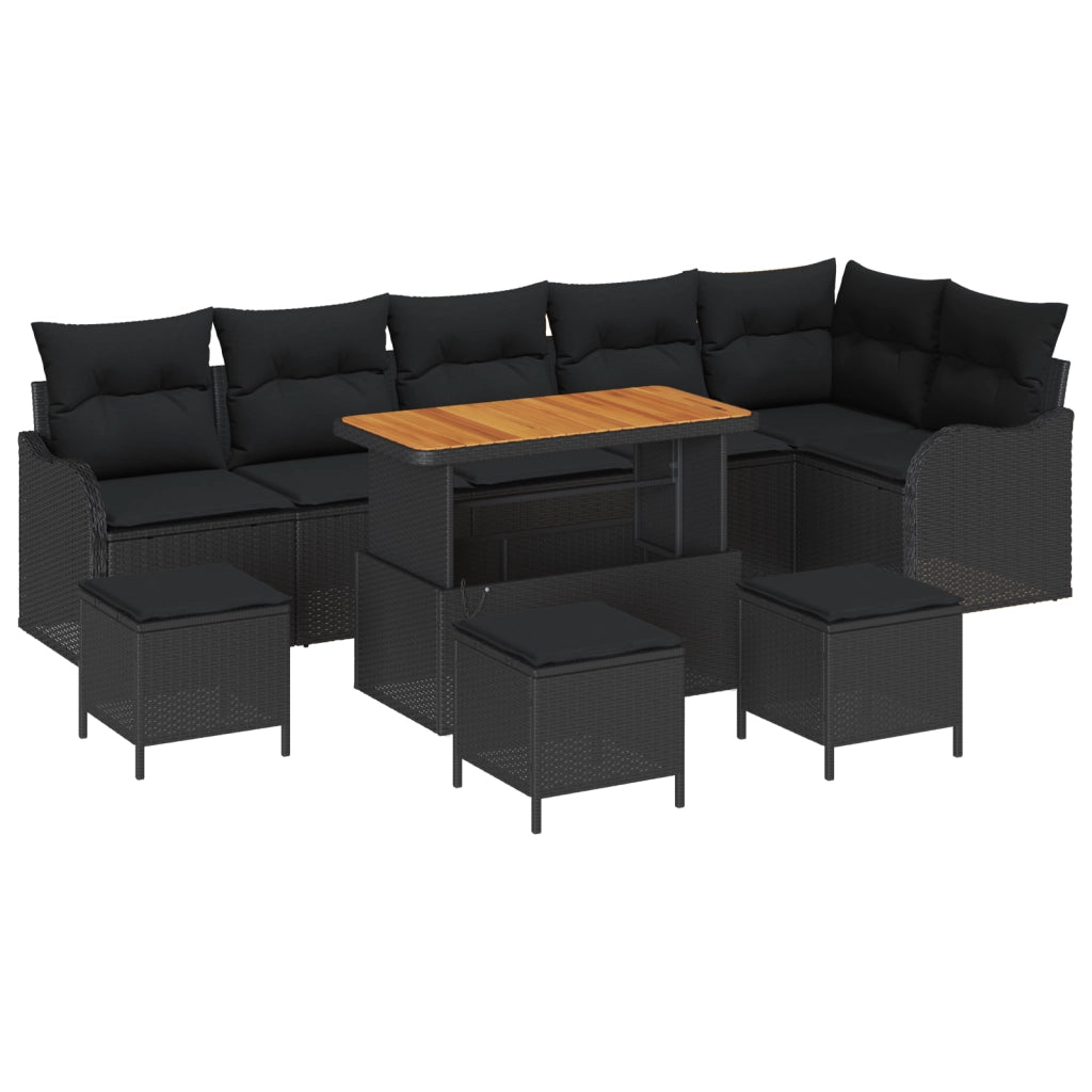 Set Divano da Giardino  10 Pezzi con Cuscini Rattan Polyrattan Nero Acacia