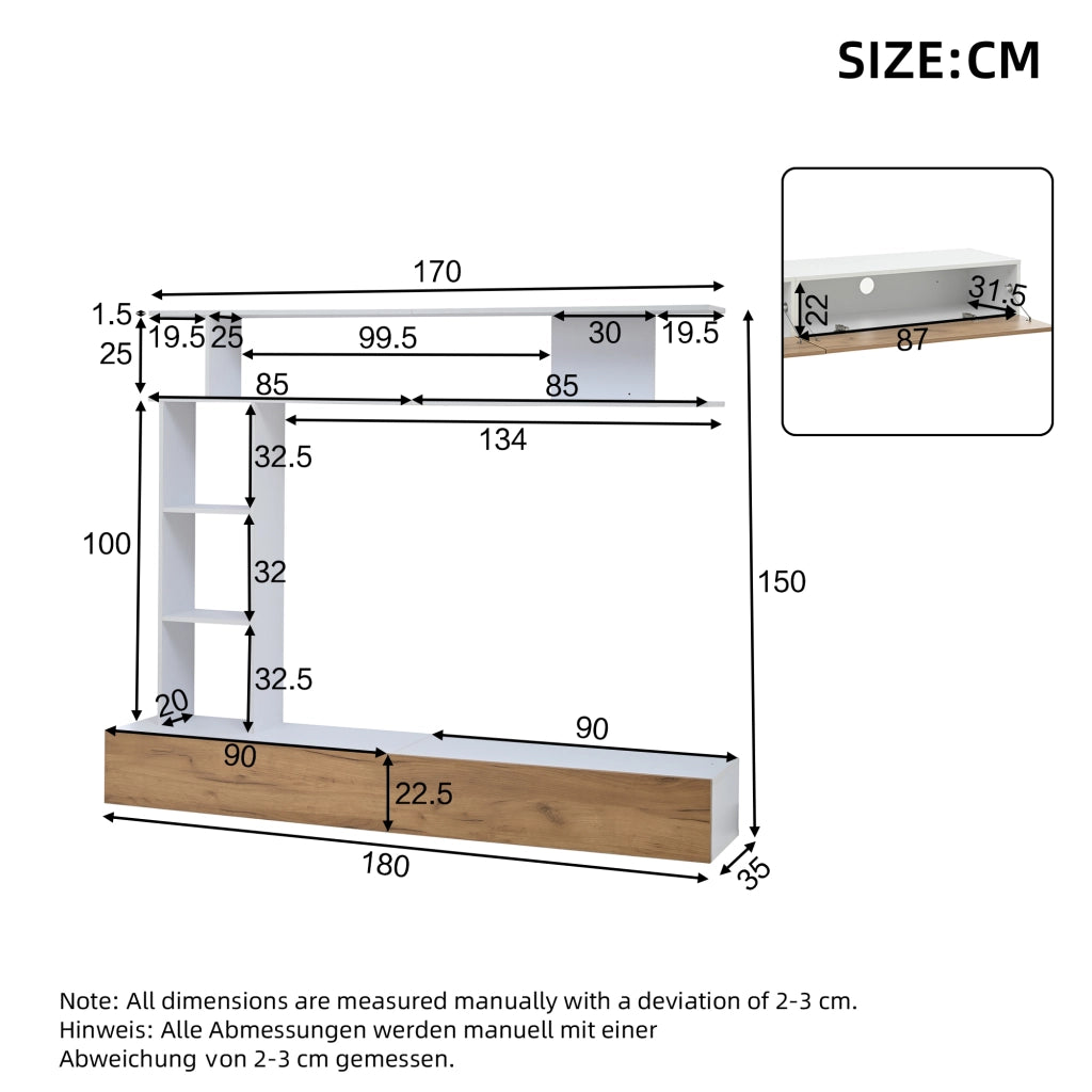 Mobile porta TV con 2 ante e vani aperti, per soggiorno, in truciolare, bianco e effetto legno, 180 × 35 × 22,5 cm