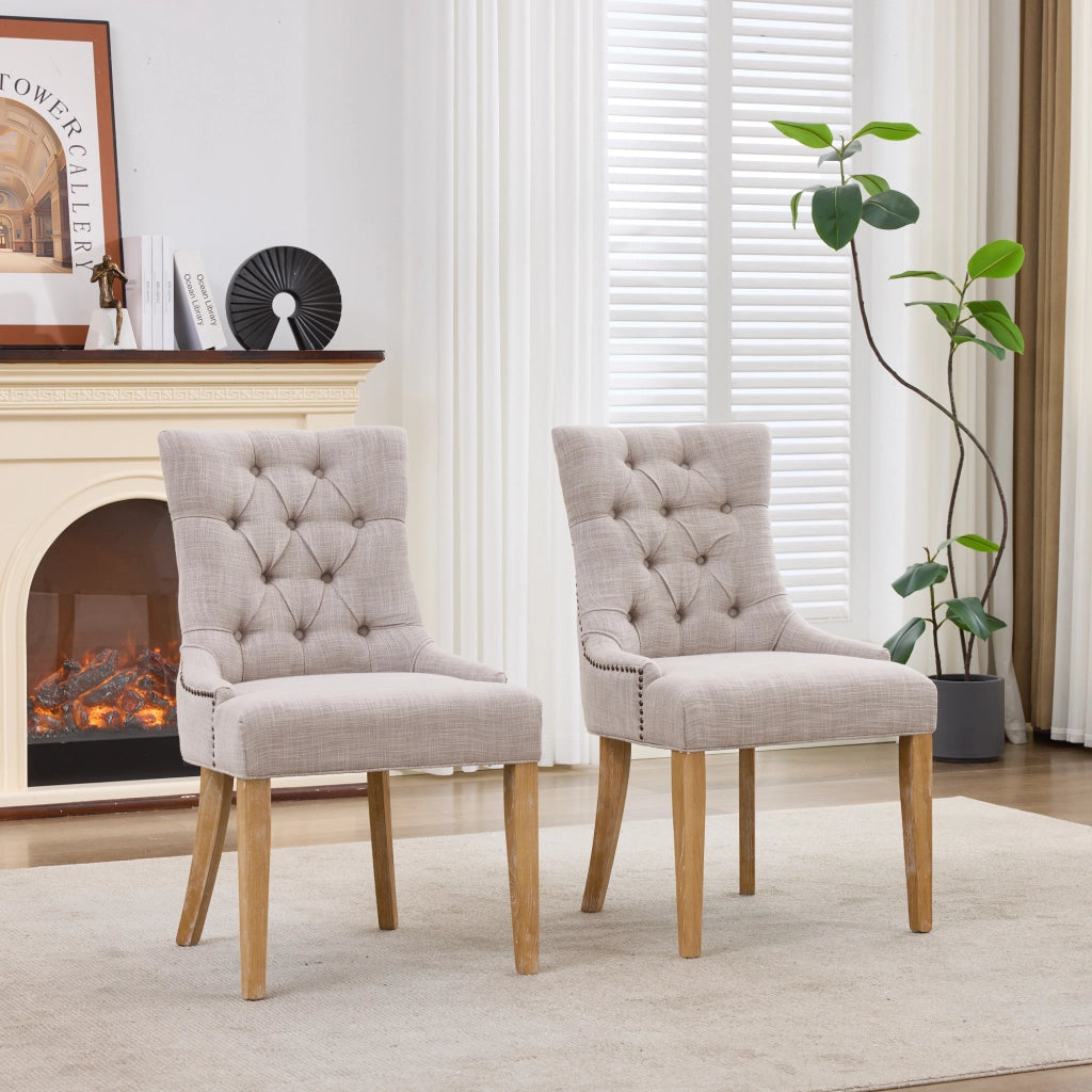 Sedia da pranzo imbottita - con schienale decorativo e gambe in quercia - in tessuto beige