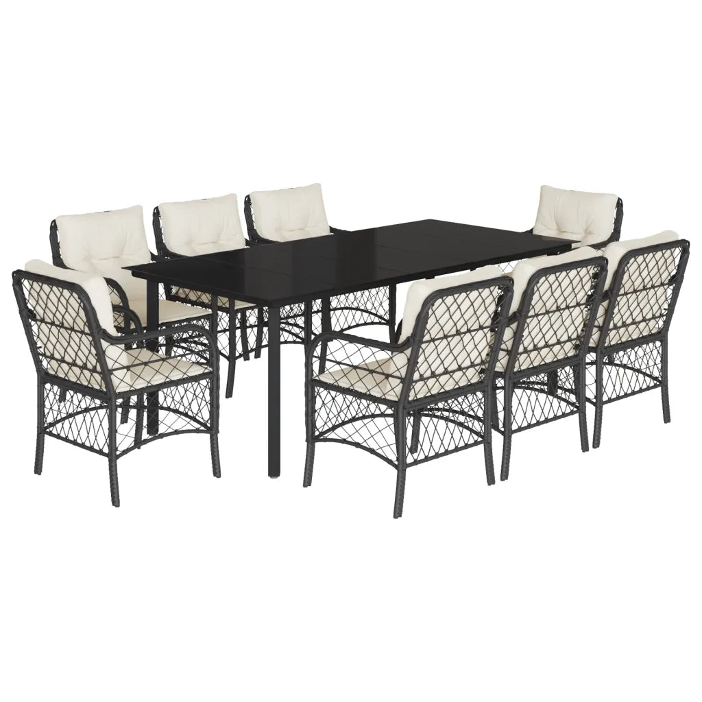 Set da Pranzo da Giardino 9 pz con Cuscini Nero in Polyrattan