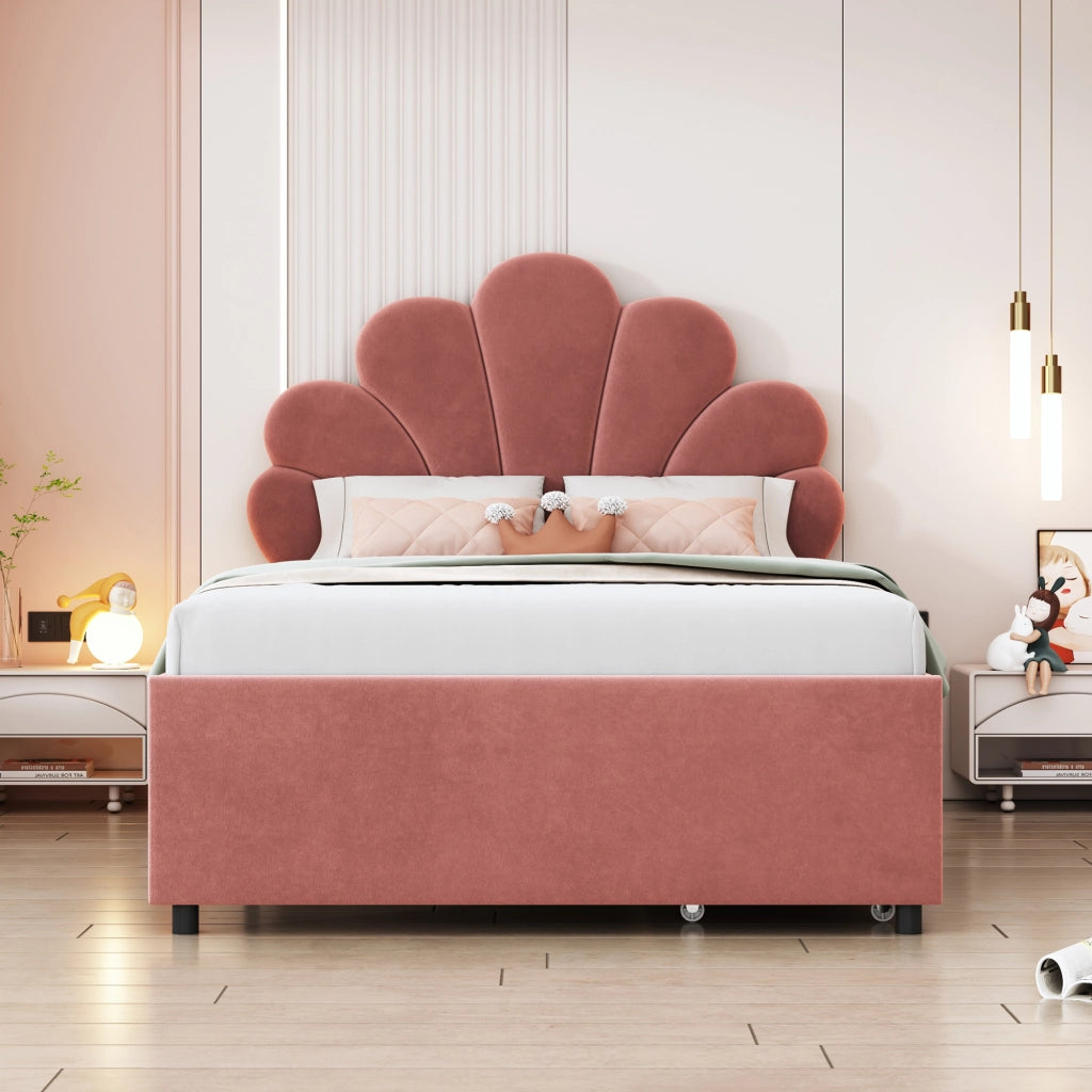 DESMIU Letto per Bambini 90 × 200 cm 1 Posto con 2 Cassetti e Testiera Floreale, senza materasso, Rosa