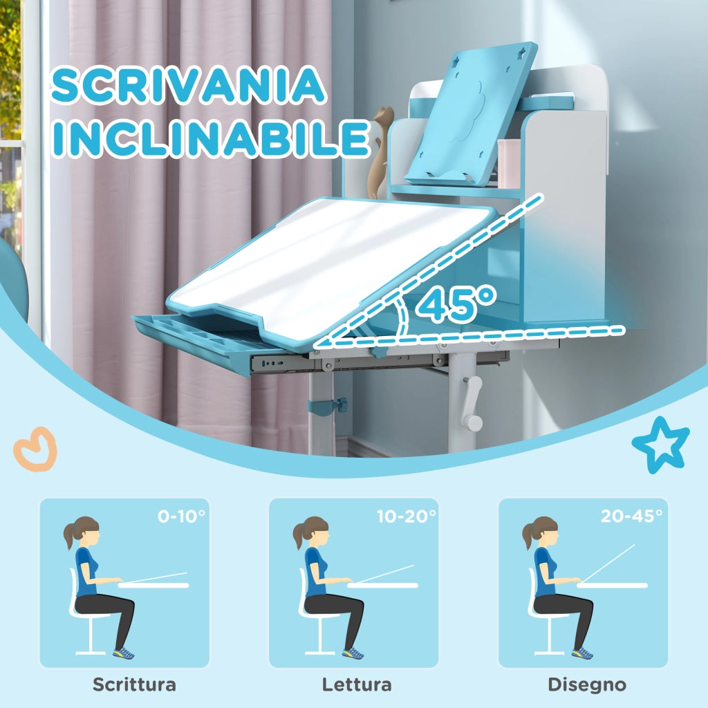 Set Scrivania e Sedia per Bambini Regolabili, Banco Scuola con Piano Inclinabile, Cassetto, Scaffale, Blu