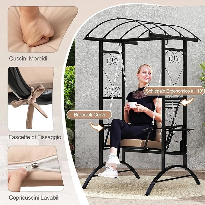 Sedia Sospesa da Esterno, Sedia a Dondolo Singola con Cuscini Removibili e Tavolini Laterali, Portata 160 kg, Altalena con Supporto e 2 Grigliati per Adulti per Giardino, Balcone e Cortile