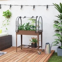 Fioriera Rialzata con Mini Serra per Piante, Ruote e Ripiano, 80x40x120cm, Marrone