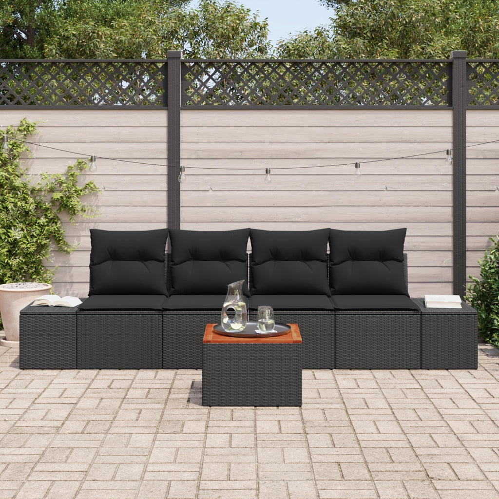 Set divani giardino 5 pezzi con cuscini in polirattan nero e acacia