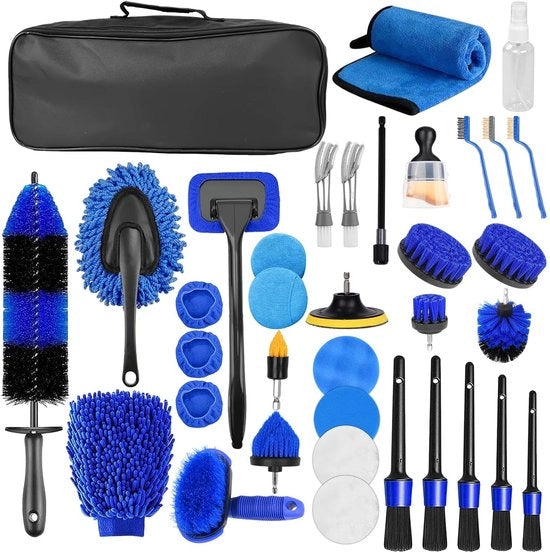 Set di pulizia auto 36 pezzi - Set di spazzole - Ventilanti - Pneumatici - Superfici - Borsa di tela 42 x 16 x 12 cm - Kit di pulizia