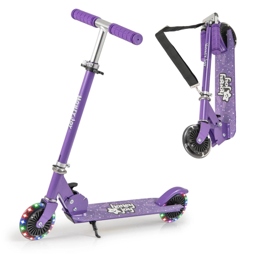 Monopattino pieghevole per bambini e tracolla con manubrio regolabile, Monopattino pieghevole e tracolla Viola