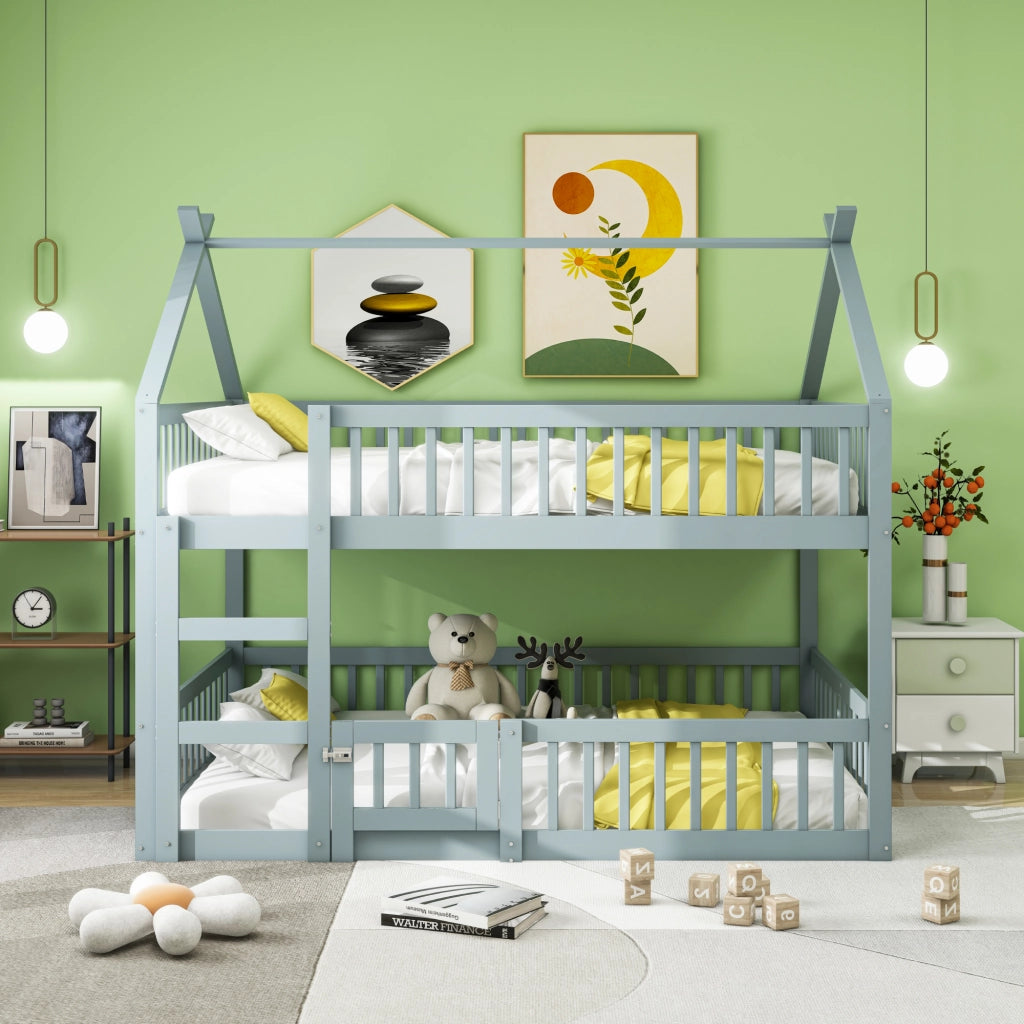 Letto a castello grigio con scala in legno massello 140x200 cm