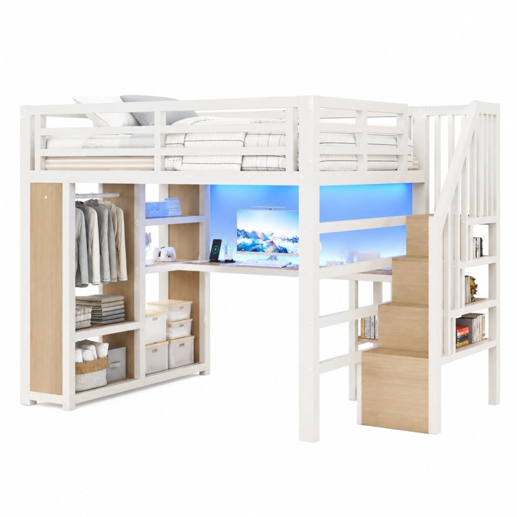 Letto a soppalco 140x200 cm in metallo bianco con scrivania; LED e USB