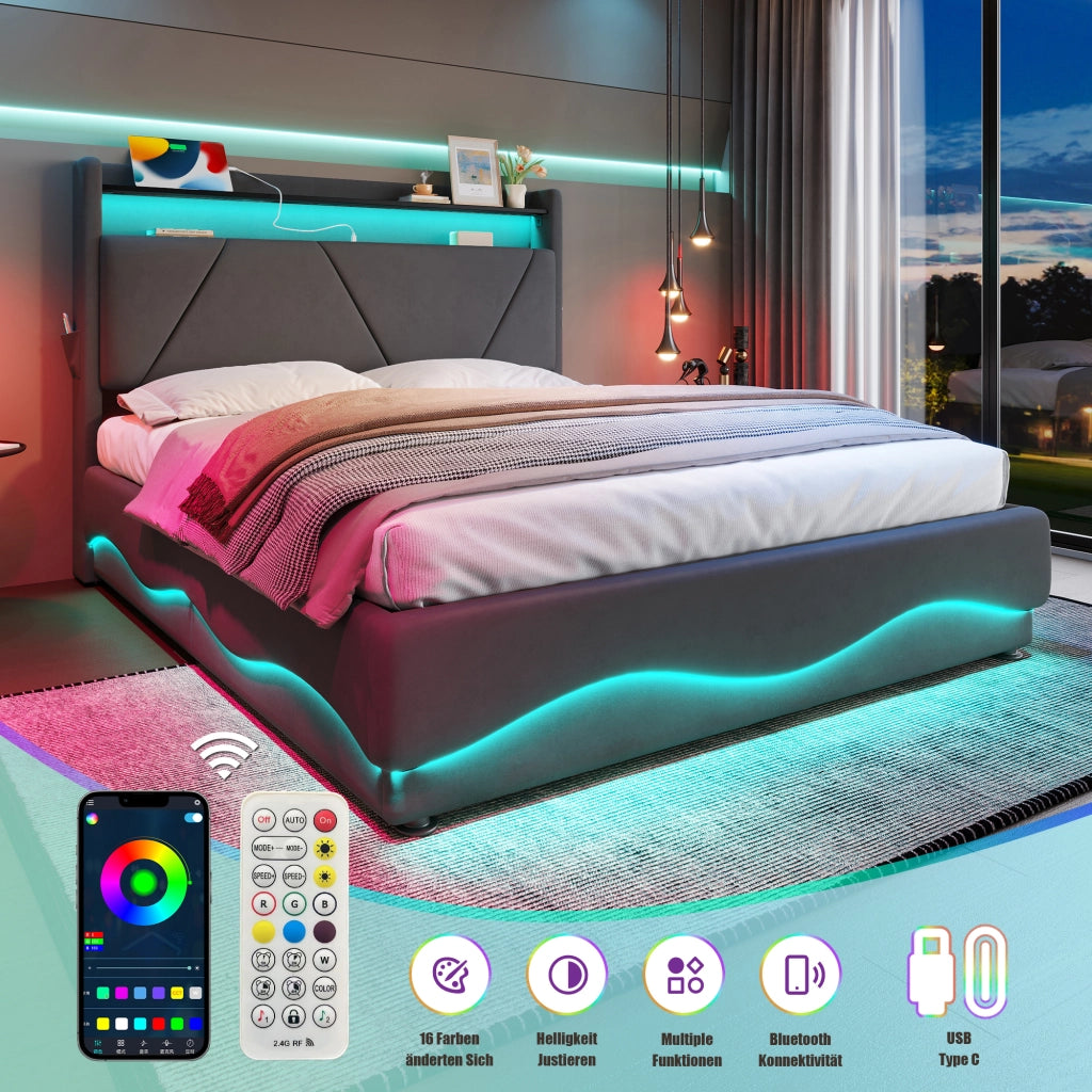 OKWISH Letto Contenitore 160×200 cm, Letto Matrimoniale con LED, USB, Tipo C, Ripiani e Tasche Laterali, senza Materasso, in Velluto, Grigio Scuro