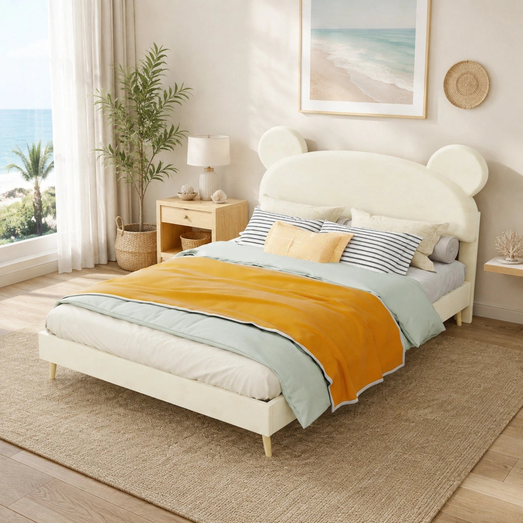 Letto imbottito per bambini 140 ¡Á 200 cm beige con testiera in tessuto e materasso a molle insacchettate